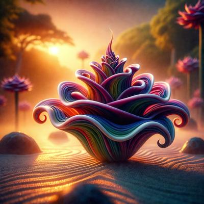 The primary subject of the image is a large, colorful, and intricately designed flower. The flower is situated in a sandy area, surrounded by a few other flowers. The setting appears to be a desert-like environment, with a sunset in the background. The visual style of the image is a combination of digital art and illustration, creating a vibrant and captivating scene. The dominant colors in the image are shades of pink, purple, and orange, giving the scene a warm and inviting